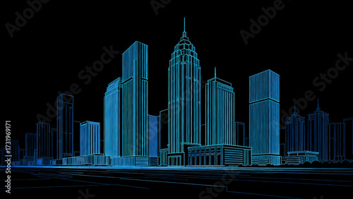 Futuristic Blue Wireframe Digital Building