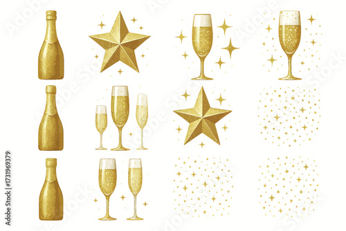 Gold champagne bottles and glasses with stars and sparkles on white background
