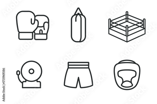 Boxing equipment icons: gloves, punching bag, ring, bell, shorts, headgear