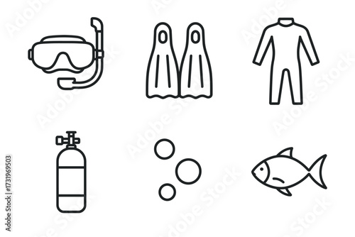 Scuba diving equipment icons set: mask, fins, wetsuit, tank, bubbles, fish