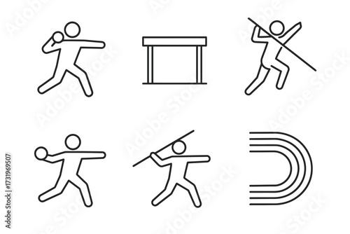 Athletic icons: javelin throw, shot put, hurdle, track symbols