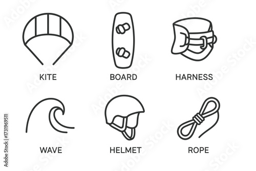 Kitesurfing equipment icons: kite, board, harness, wave, helmet, rope