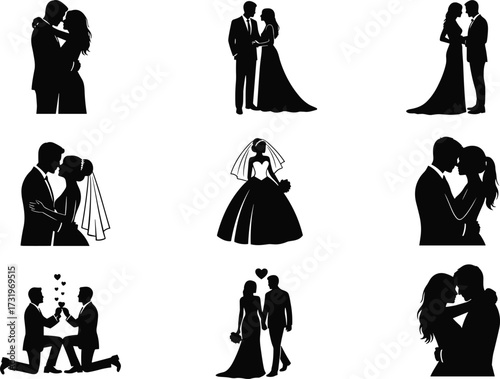 Silhouettes of romantic and wedding scenes featuring couples kissing, proposing, embracing, and walking in formal attire and bridal outfits