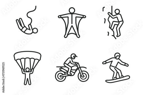Adventure icons: skydiving, wingsuit, rock climbing, paragliding, motorcycling, snowboarding