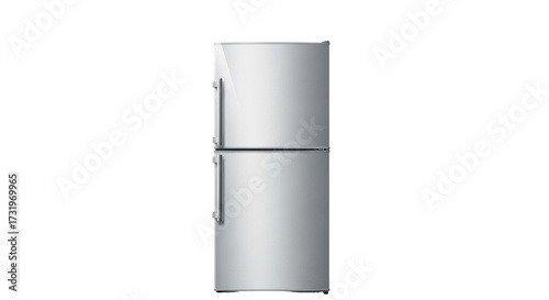 Isolated refrigerator with two doors, freezer and fridge is stainless steel color
