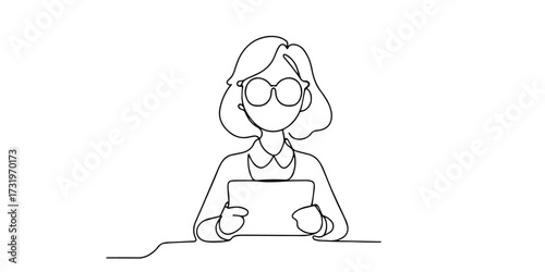 Minimalist one-line drawing of a woman wearing glasses, holding a tablet or document, representing online learning, digital reading, business professional, or modern education, study, work concepts.