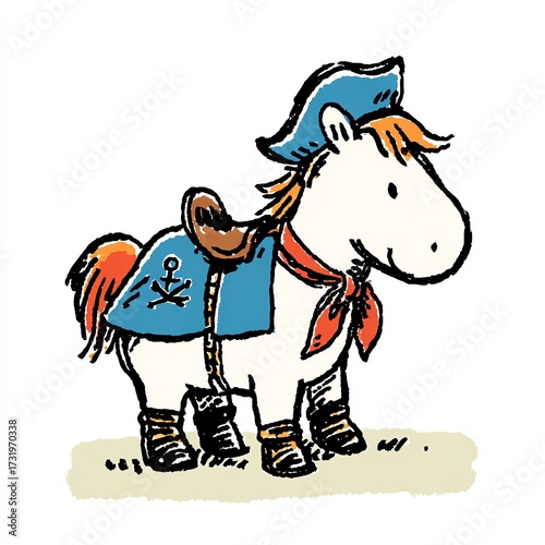 A charming, hand-drawn illustration of a cute horse dressed as a pirate character.