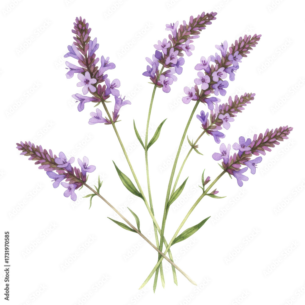 Fototapeta premium Watercolor depiction of vibrant purple lavender flowers with green stems isolated on white background