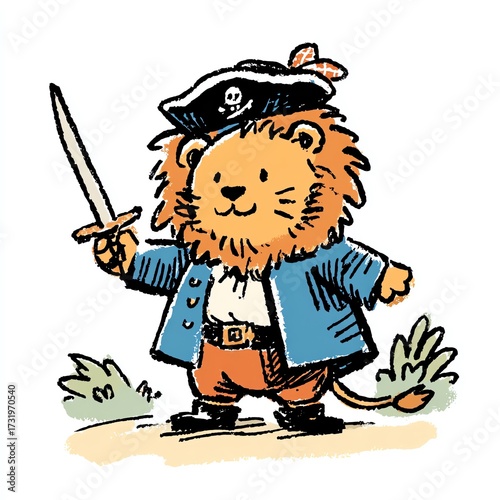 A charming lion cub, dressed as a brave pirate, brandishing his sword with a smile.