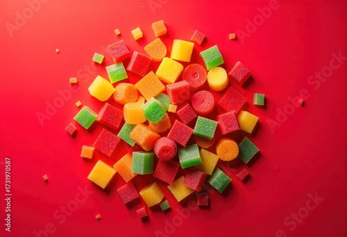Colorful candies scattered on a vibrant red surface