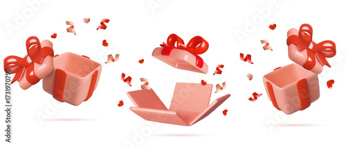 Red opened 3d gift boxes set exploding with hearts and confetti and empty inside. Three dimensional realistic birthday presents vector illustrations. 