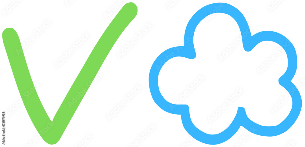 Fototapeta premium Hand-Drawn Green Checkmark and Blue Cloud Outline Icons for Digital Approval, Data, and Cloud Computing
