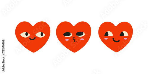 Doodle red hearts set with faces, smiles and emotion. Valentine's day festive elements for stickers, greeting cards, labels, badges. Cute vector illustration