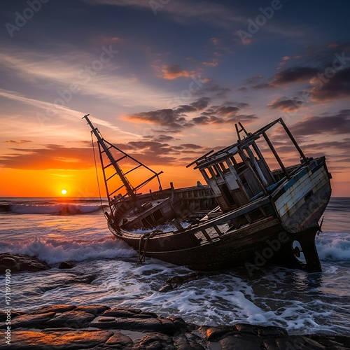 Sun Setting Over a Shipwreck on the Shore.