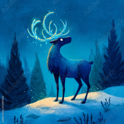 Fantasy Deer with Glowing Antlers in Magical Winter Forest