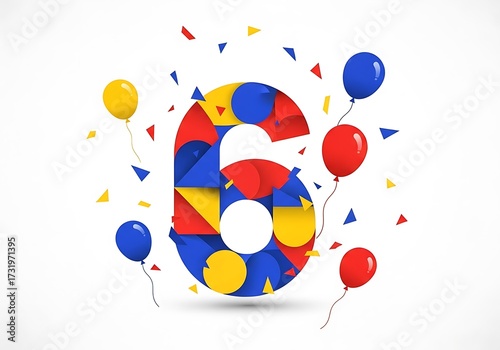 Festive geometric number 6 in vivid colors, surrounded by floating balloons and falling confetti on a white background.