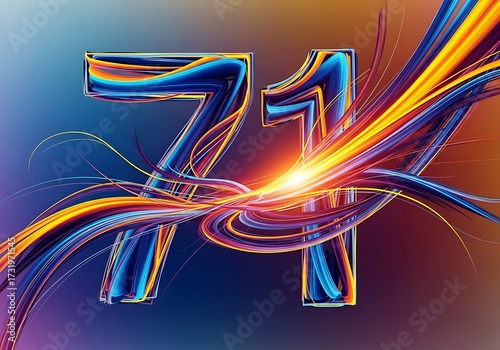 Futuristic glowing number 71 composed of colorful light streaks and dynamic energy patterns with a central glow.