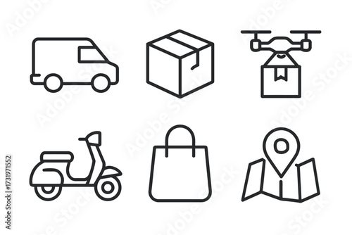 Logistics and delivery icons: van, box, drone, scooter, shopping bag, map