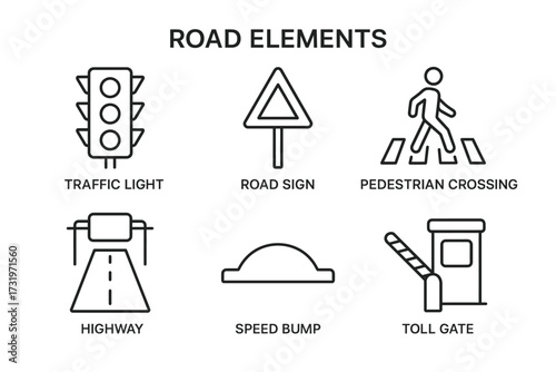 Road elements: traffic light, road sign, pedestrian crossing, highway, speed bump, toll gate
