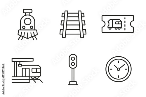 Minimalist train icons: railway, station, ticket, clock, tracks, signal