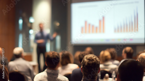 A presentation with a speaker and an audience watching a screen with a bar graph in a conference room