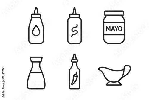 Condiments and sauces outline icons: ketchup, mustard, mayo, soy sauce, hot sauce, gravy boat