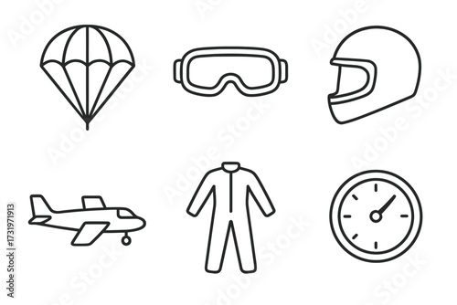 Outline icons of skydiving gear: parachute, goggles, helmet, plane, suit, clock