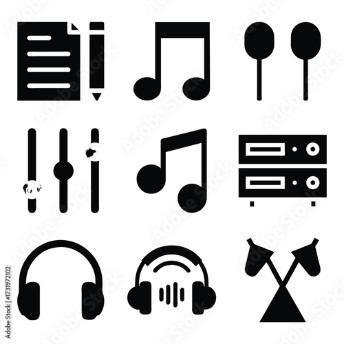 Modern music production icons set for audio recording and sound engineering projects 