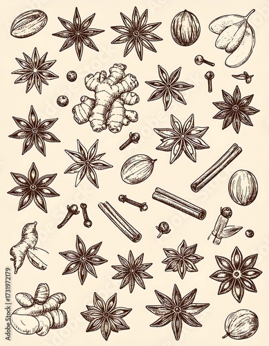 Vintage spice illustration.  Detailed hand-drawn graphic of various spices, including star anise, ginger, cloves, cinnamon sticks, nuts, and other botanical elements