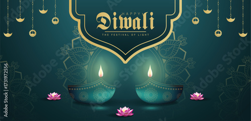 Diwali Celebration with Mandala, Diyas, and Lotus on Teal Background