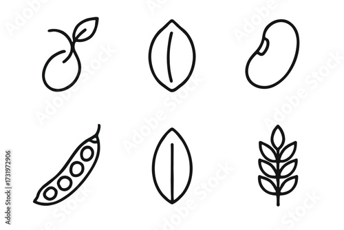 Minimalist icons of seeds and plants: pea pod, leaf, sprout, grain, bean