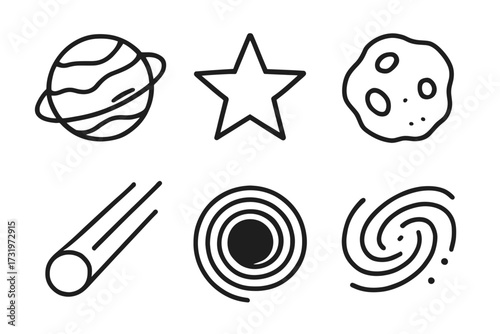 Minimalist celestial icons: planet, star, meteor, galaxy and asteroid in black line art