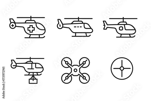 Set of line icons: helicopters, drone, and target symbols