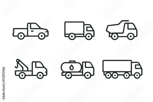 Vector line icons of various vehicles: pickup, tanker, tow truck, delivery van, suv, tanker trucks