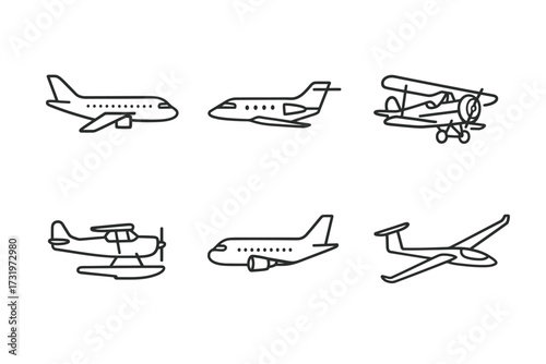 Black outline icons of various airplanes including jet, biplane, and glider