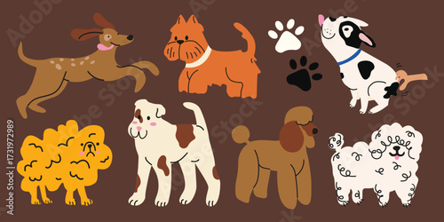 Cute cartoon dogs character collection in various poses and different breeds. Funny domestic animals with happy charming playful expression. Vector illustration