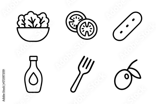 Collection of salad ingredients and utensils icons with simple design