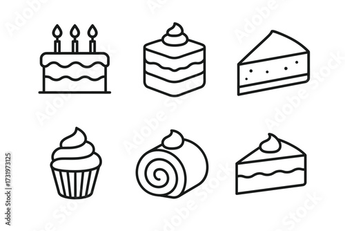 Outline icons of various cakes and pastries including cupcake and roll