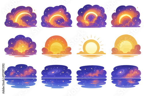 Cosmic sun phases with clouds and twilight reflections