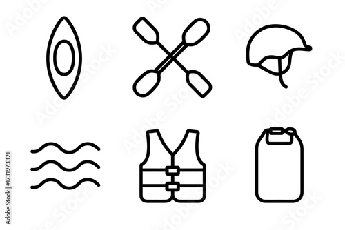 Kayaking essentials: paddle, helmet, life vest, dry bag - simple black icons set