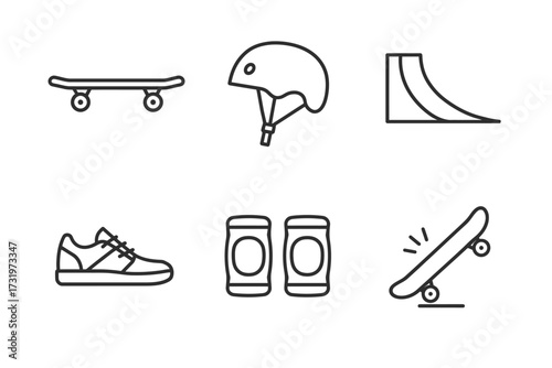 Skateboarding equipment icons: skateboard, helmet, ramp, shoe, pads