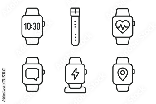 Minimalist smartwatch icons displaying time, fitness, heart rate, messages, power, and location