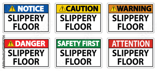 Various Signs Indicating Slippery Floor Safety Precautions for Public Areas