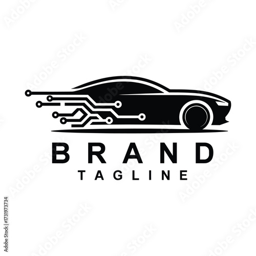 Black silhouette of a sports car with digital circuit lines extending from the rear on a white background