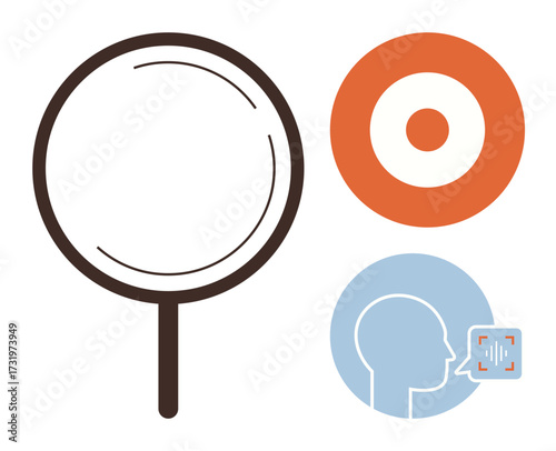 Magnifying glass, orange target icon, and a head with a voice analysis interface. Ideal for research, focus, communication, search, data analysis technology and exploration. Clean simple flat