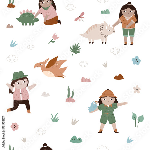 Dinosaur Adventure Seamless Pattern. Kids' Dino and Girl Print