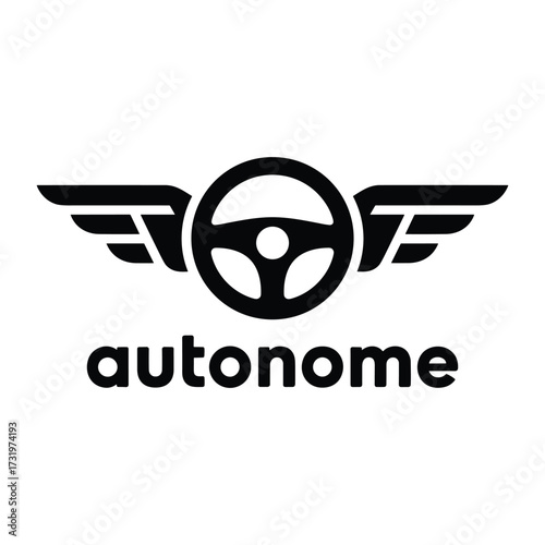 Black silhouette of a steering wheel with wings and the word "autonome" below on a white background automobile