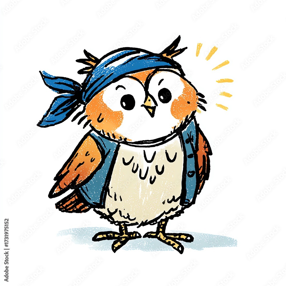 Obraz premium A dapper owl, in a blue bandana and vest, stands proudly. A joyful, whimsical illustration of avian adventure.