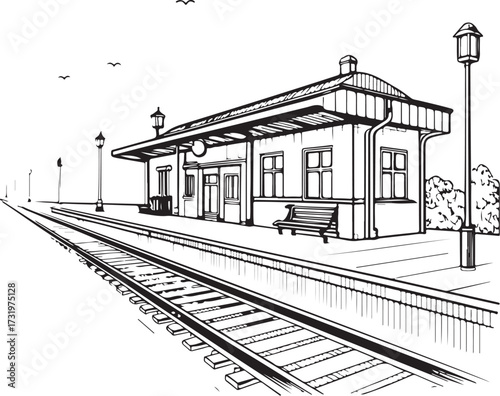 Railway Station Hand-drawn Sketch Drawing Vector Illustration, Line Linear Symbol Engraving Coloring Book, Black and White Isolated