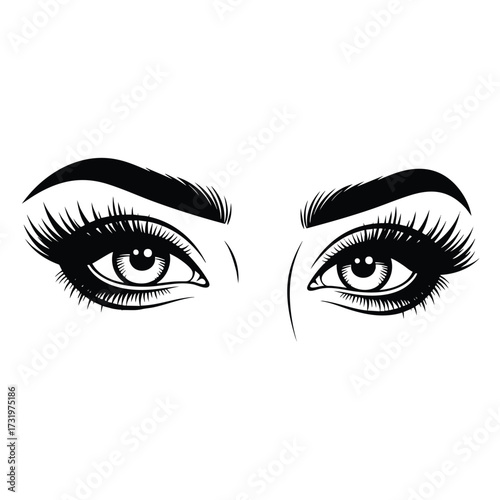 A black and white line art illustration of glamorous female eyes with long thick eyelashes and perfectly shaped eyebrows.